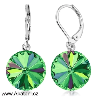 Swarovski Elements Rivoli vlepený krystal 12mm - Ocelové náušnice visací bimbací zelené kulaté 31106.3 Vitrail Medium (zeleno-růžová duhová)
