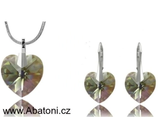 Swarovski Elements Heart krystal 18+10mm - Stříbrná sada (set, souprava) náušnice a přívěsek s řetízkem šedé srdce, srdíčko 39003.4 Black Diamond (šedá, černá, kouřová, zelenkavá)