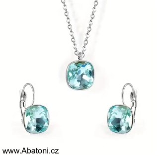 Swarovski Elements Rounded Square vlepený krystal 10mm - Ocelová sada (set, souprava) náušnice a přívěsek s řetízkem modrý zakulacený čtverec TV 220132 Light Turquoise (modrá světlá, tyrkysová)