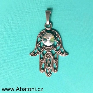 Swarovski Elements filigránový přívěsek starostříbro Hamsa - Ruka Fátimy s bílým Rivoli krystalem