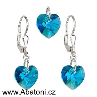 Sada šperků s krystaly Swarovski náušnice a přívěsek modrá srdce 39003.3 Heart krystal visací bimbací Blue Zircon (modrozelená, tmavá tyrkysová)