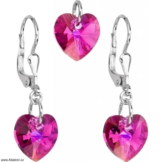 Sada šperků s krystaly Swarovski náušnice a přívěsek růžová srdce 39003.4 Heart krystal visací bimbací Fuchsia (růžová tmavá, fuchsiová)