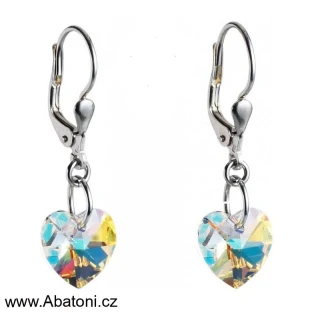 Swarovski Elements Heart krystal 10mm - Stříbrné náušnice visací bimbací bílé duhové srdce, srdíčka 31012.2 Crystal AB (bílá, křišťálová, duhová, měňavá)